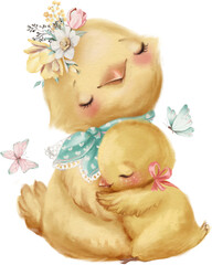 Cute farm animal illustration. Adorable chickens hugs, mother and baby. - 585095975