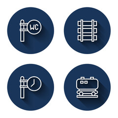 Set line Toilet, Railway, railroad track, Train station clock and Oil railway cistern with long shadow. Blue circle button. Vector