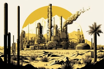 Obraz na płótnie Canvas Oil Gas Factory Stylized Drawing Imitation, Abstract Generative AI Illustration