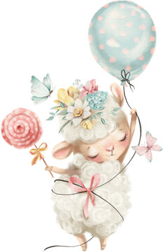 Cute farm animal illustration. Sheep flying with balloons in the sky.