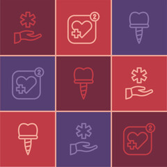 Set line Cross hospital medical, Dental implant and Mobile with heart rate icon. Vector