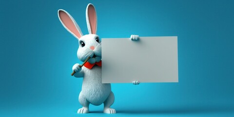 Obraz na płótnie Canvas A cartoon rabbit holding a blank sign and pointing at it with a pointer in his hand, on a blue background with a spotlight behind it with Generative AI technology
