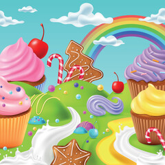 Sweet candy land, confectionery shop landscape. 3d fantasy chocolate cake, river in cupcake, dream bakery. Cute maffin and cookies. 3d isolated elements. Vector cartoon game background