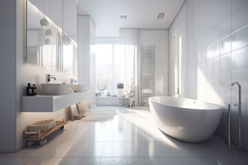 Fototapeta na wymiar Luxury apartment bathroom interior, big window design by generative ai
