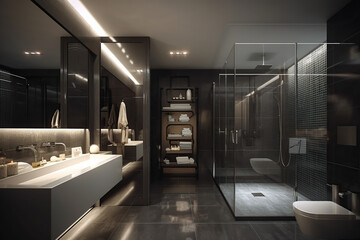 Modern luxury and simple style bathroom, beautiful light, sink, shower, mirror, generative AI