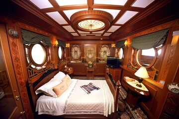 luxuary boat cruise titanic inspired room bedroom, idea inspirational interior architectural design mattepainting with wood, chairs, bed and windows, reworked and enhanced ai generated illustration