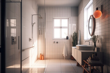 Modern luxury and simple style bathroom, beautiful light, sink, shower, mirror, generative AI