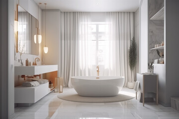 Obraz na płótnie Canvas Modern luxury and simple style bathroom, beautiful light, sink, shower, mirror, generative AI