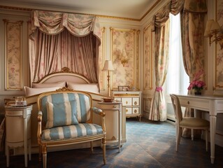 French king versailles inspired room bedroom, idea inspirational interior architectural design mattepainting with wood, chairs, bed and windows, reworked and enhanced ai generated illustration - obrazy, fototapety, plakaty