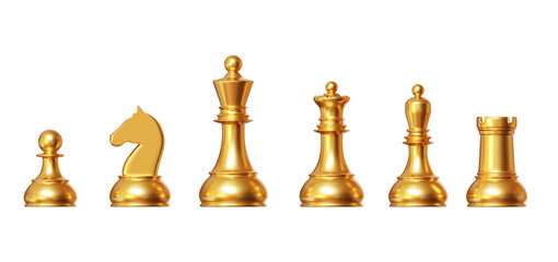3d gold chess pieces set of king, knight, queen, rook, bishop and pawn on isolated background. Chess Strategy for Business Leadership and Team Success Concepts. 3d rendering illustration. - obrazy, fototapety, plakaty