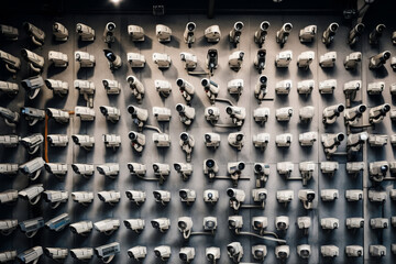 Obraz premium Lots of cctv security cameras monitoring a city. Generative ai