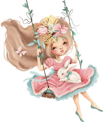 Beautiful spring girl on a swing with bunny and flowers.