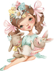 Beautiful girl in a blue dress and pink ribbons with little bunnies.
