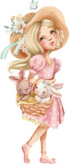 Beautiful girl in a pink dress and hat with flowers. Cute bunnies, rabiits, in the basket. Spring girl illustration.
