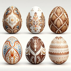 Collection of 6 easter egg designs, the eggs are decorated with intricate patterns and designs, each one unique, The colors are warm and earthy, high detail on a white background