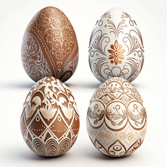 Fototapeta premium Collection of 4 easter egg designs, the eggs are decorated with intricate patterns and designs, each one unique, The colors are warm and earthy, high detail on a white background