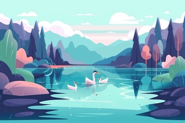 Landscape with Lake minimalistic vector style design - Generative AI illustration