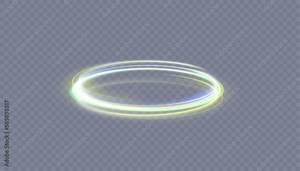 Poster abstract neon gold ring with a green tint. a bright plume of luminous rays swirling in a fast spiral