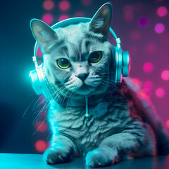 Fashionable Cat wearing headphones, music antrophomorfic cat, neon lights, Generative AI