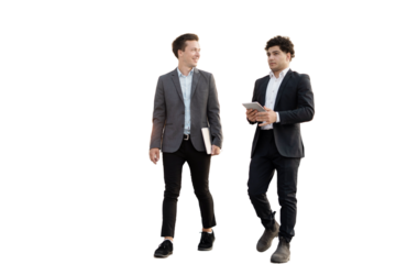 Two men young businessmen full height, transparent background, png, isolated.