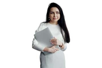 Business woman formal wear using tablet computer, transparent background, png, isolated.