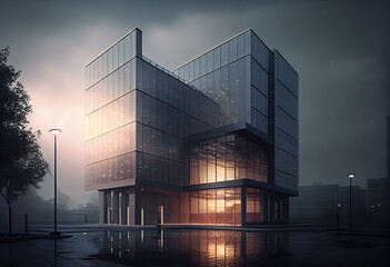 A striking, minimalist office building, with a shimmering glass facade and a soaring atrium, rising above a busy city street. Generative AI