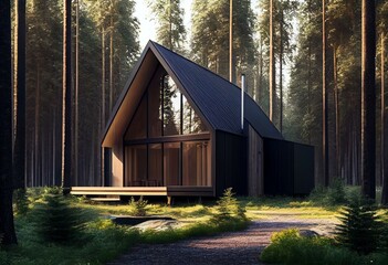 A minimalist wooden cottage, with clean lines and a simple, open layout, situated in a serene forest clearing. Generative AI