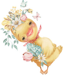 Adorable duckling, duck with flowers bouquet, farm animal. - 585098549