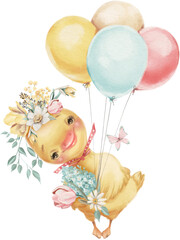 Adorable duckling, duck with flowers and balloons, farm animal - 585098591