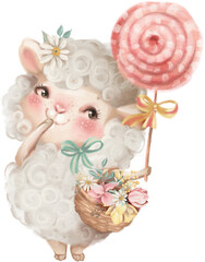 Adorable sheep with lollipop, candy and basket with flowers, farm animal. - 585098598
