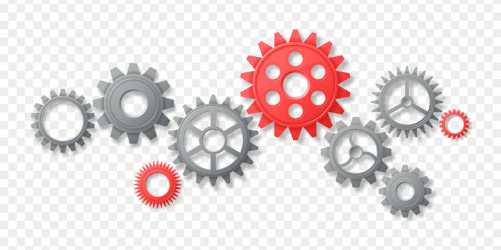 3d gear. Cog wheels. Infographic components. Machine industry. Rotating motor cogwheels. Construction work. Realistic mechanism. Engineering technology. Vector transparent background