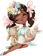 Beautiful girl in a blue dress and pink ribbons with little bunnies. - 585098720