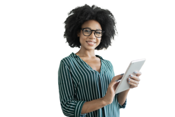 Portrait of a woman lawyer consultant office tablet smile , transparent background, png, isolated.