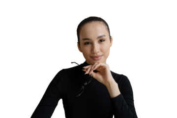 Portrait of Asian woman office glasses, transparent background, png, isolated.