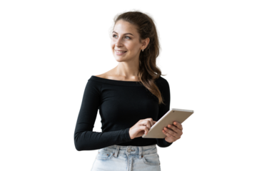 Consultant is a nice woman using a tablet, transparent background, png, isolated.