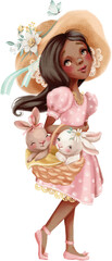 Beautiful girl in a pink dress and hat with flowers. Cute bunnies, rabiits, in the basket. Spring girl illustration. - 585098750