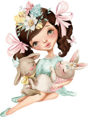 Beautiful girl in a blue dress and pink ribbons with little bunnies - 585098766