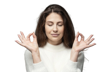 Woman pose lotus balance and harmony, relieves stress, transparent background, png, isolated.