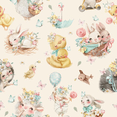 Beautiful seamless pattern with animals - bunnies, chickens, hedgehog, birds. Spring pattern - 585098787