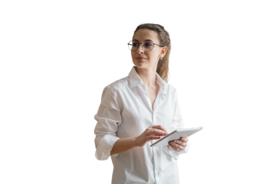 Female student doctor training online tablet, transparent background, png, isolated.