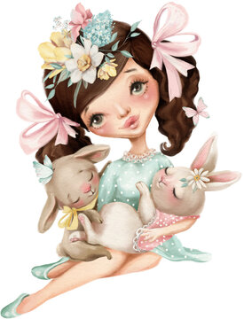 Beautiful girl in a blue dress and pink ribbons with little bunnies