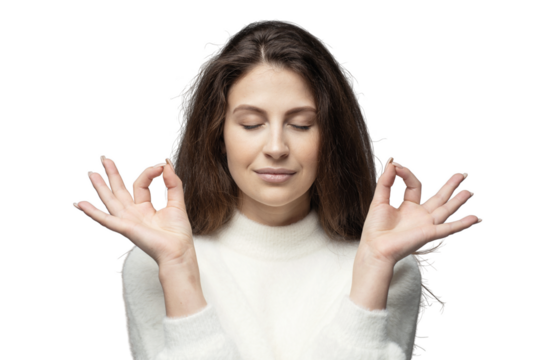 Woman pose lotus balance and harmony, relieves stress, transparent background, png, isolated.