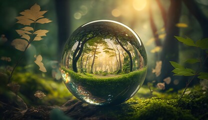 globe glass in forest created using AI Generative Technology