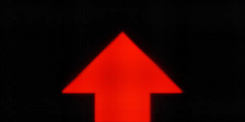 Red arrow up. Directional sign, ascend, above, upward, high, on top, upstairs, rising, increased, tall, illuminated arrow. 