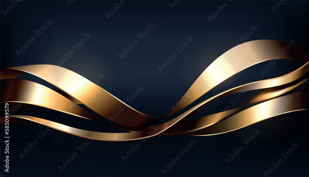 Poster 3d flowing metal shapes. glossy waves. dynamic curved lines. decorative gold twist. motion fluid wit