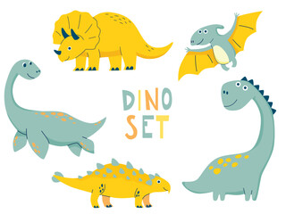 Dino set in simple hand drawn cartoon style.