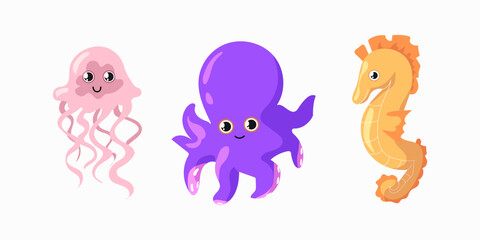 Sea animals. Cute octopus, funny jellyfish and seahorse. Marine or ocean animals for childish nursery and fabric decor. Summer tropical underwater aquarium, vector cartoon flat illustration