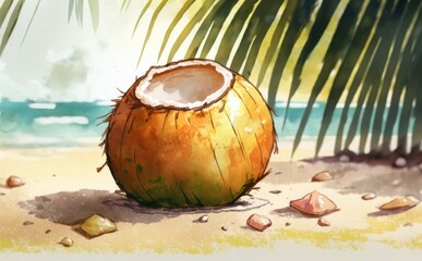 Coconut on the beach with a palm tree in the background watercolor illustrations Generative AI