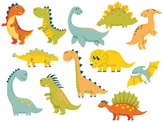 Dino collection in simple hand drawn cartoon style.