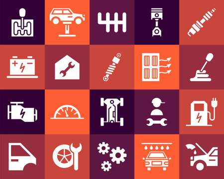 Car service. Gear brake icons. Wheel tyre. Auto piston. Engine oil. Auto key and spanner. Automobile repair workshop. Vehicle electric accumulator. Vector silhouettes pictograms set